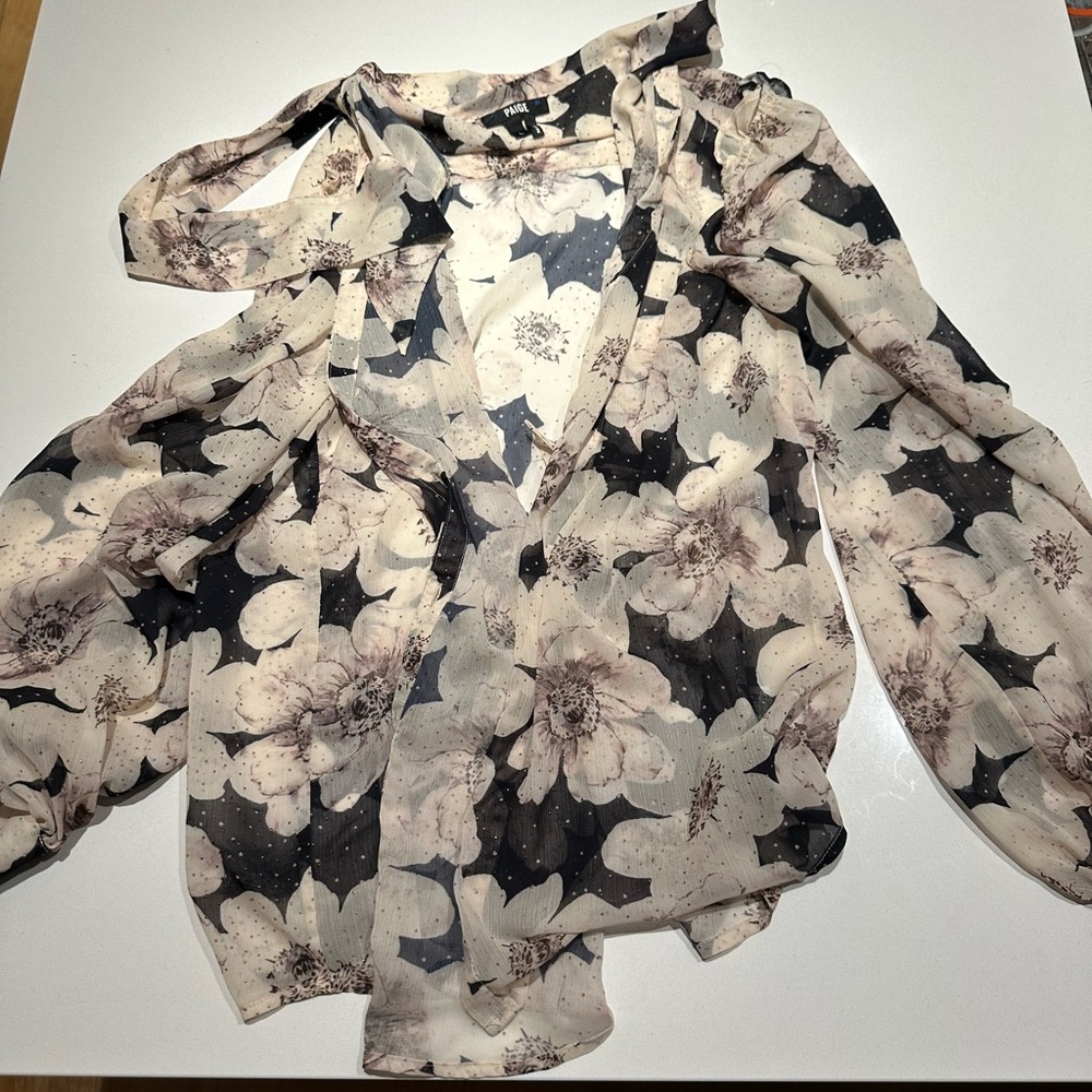 Paige Floral Sheer Tie-Neck Blouse - Black & Cream - Picture 2 of 7